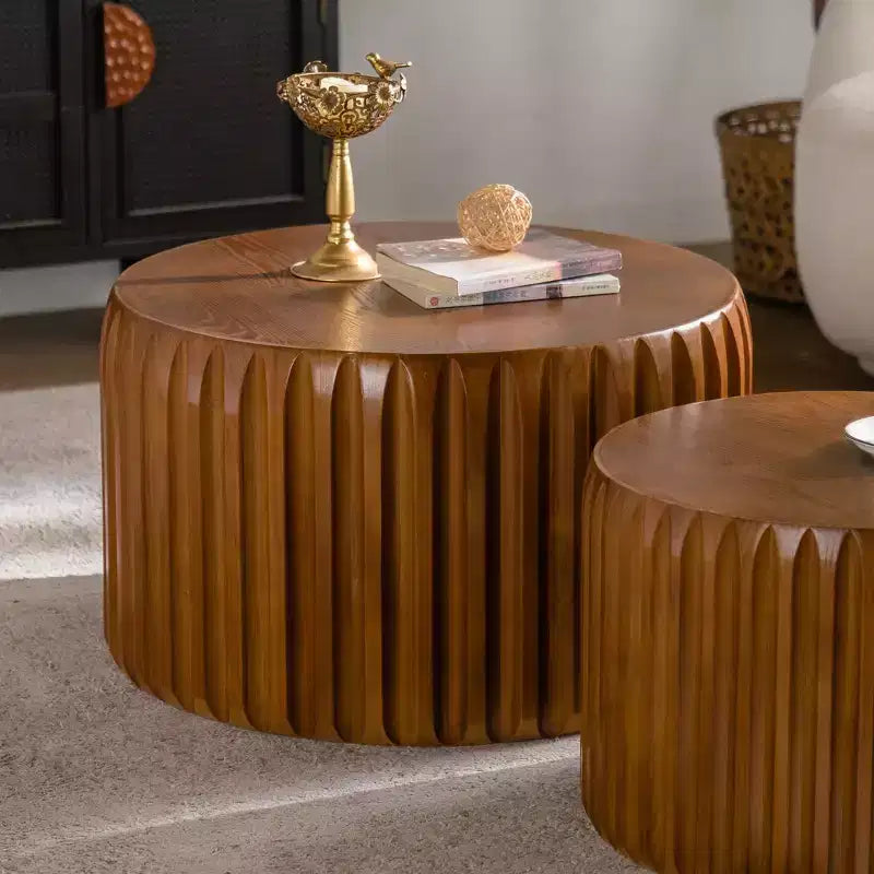 Mid Century Modern Round Wood Fluted Nesting Coffee Table