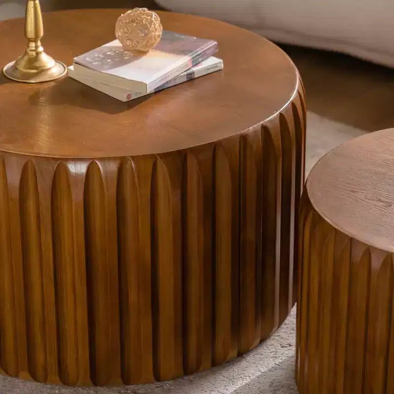 Mid Century Modern Round Wood Fluted Nesting Coffee Table