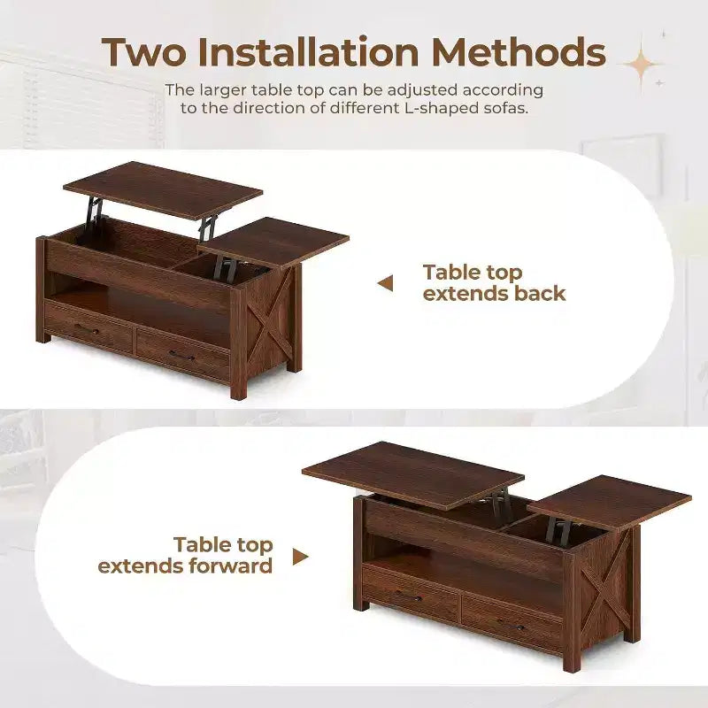 47-inch dual height-adjustable desktop coffee table, brown, with storage drawers; split-type height-adjustable sofa table with hidden shelves.