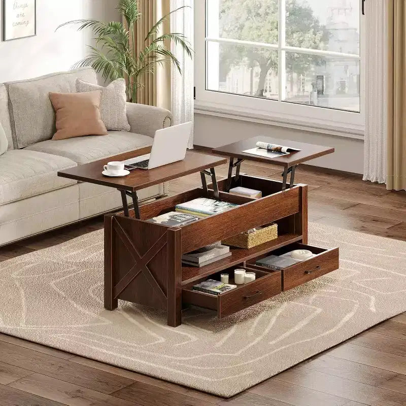 47-inch dual height-adjustable desktop coffee table, brown, with storage drawers; split-type height-adjustable sofa table with hidden shelves.