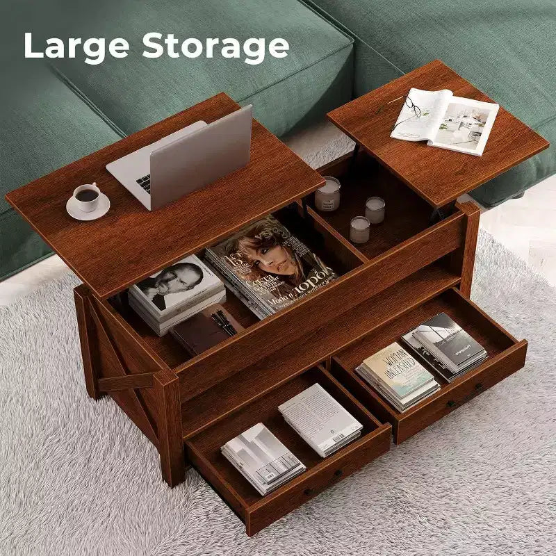 47-inch dual height-adjustable desktop coffee table, brown, with storage drawers; split-type height-adjustable sofa table with hidden shelves.