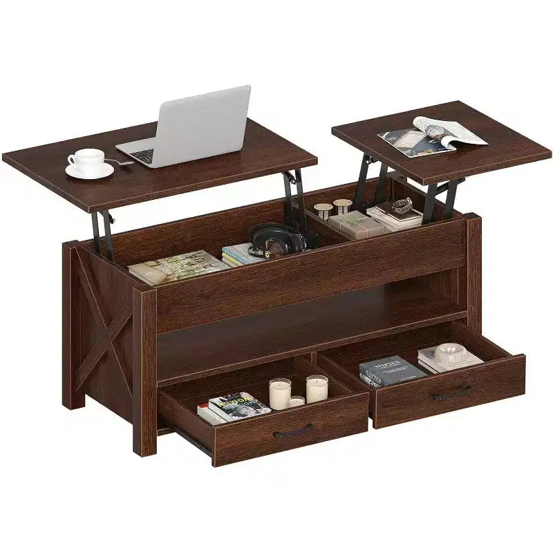 47-inch dual height-adjustable desktop coffee table, brown, with storage drawers; split-type height-adjustable sofa table with hidden shelves.