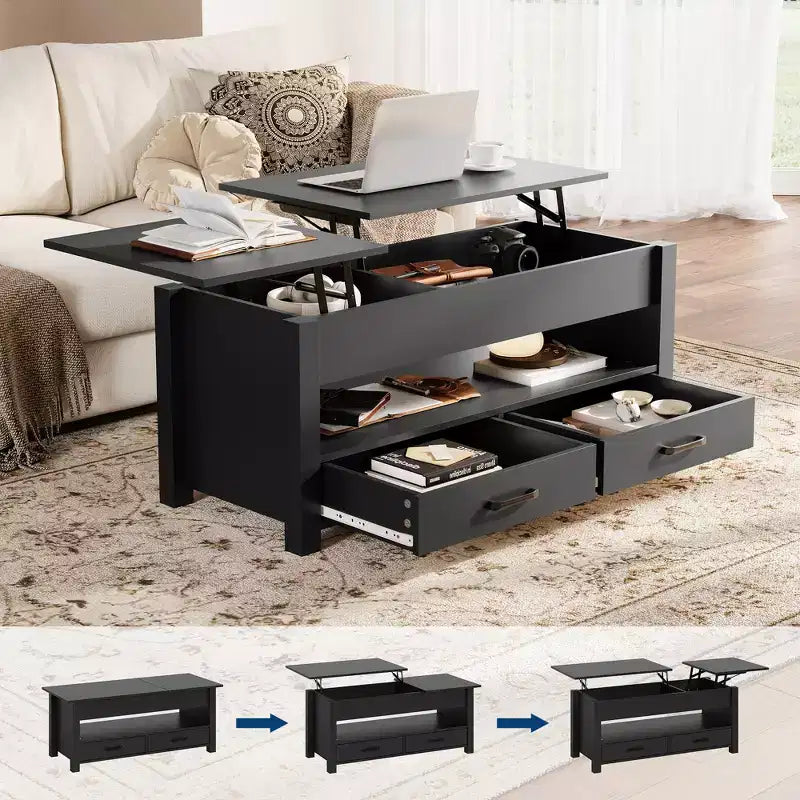 47-inch dual height-adjustable desktop coffee table, brown, with storage drawers; split-type height-adjustable sofa table with hidden shelves.