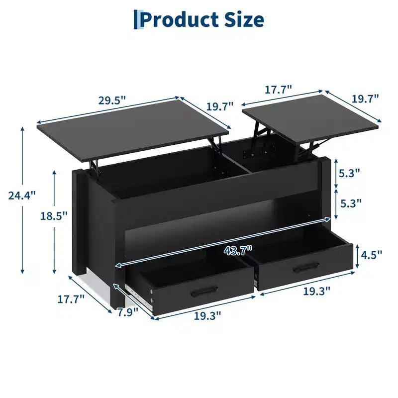 47-inch dual height-adjustable desktop coffee table, brown, with storage drawers; split-type height-adjustable sofa table with hidden shelves.