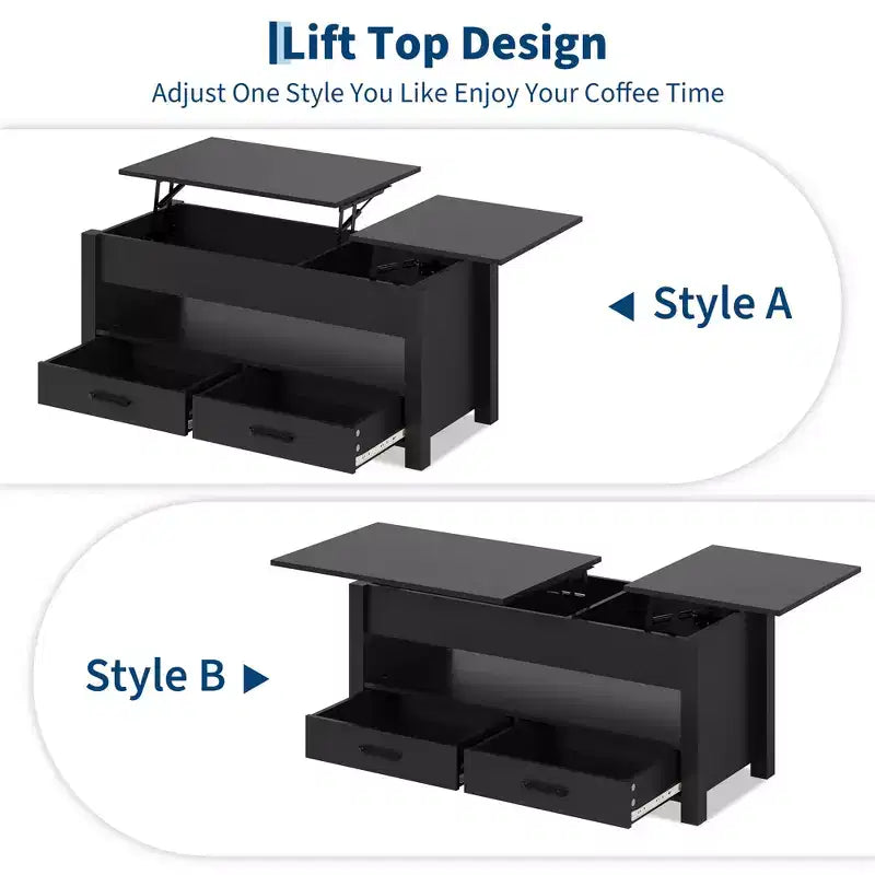 47-inch dual height-adjustable desktop coffee table, brown, with storage drawers; split-type height-adjustable sofa table with hidden shelves.