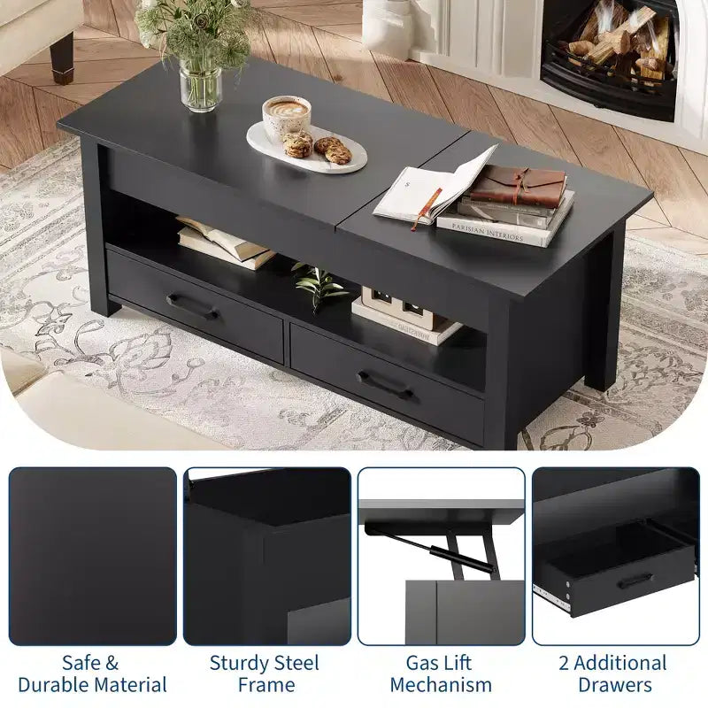 47-inch dual height-adjustable desktop coffee table, brown, with storage drawers; split-type height-adjustable sofa table with hidden shelves.