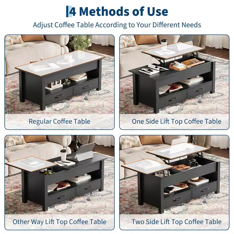 47-inch dual height-adjustable desktop coffee table, brown, with storage drawers; split-type height-adjustable sofa table with hidden shelves.