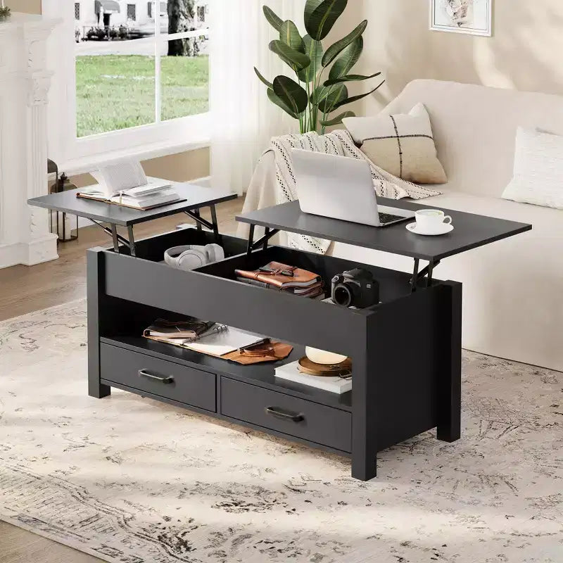 47-inch dual height-adjustable desktop coffee table, brown, with storage drawers; split-type height-adjustable sofa table with hidden shelves.