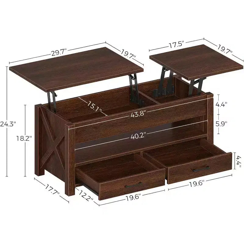 47-inch dual height-adjustable desktop coffee table, brown, with storage drawers; split-type height-adjustable sofa table with hidden shelves.