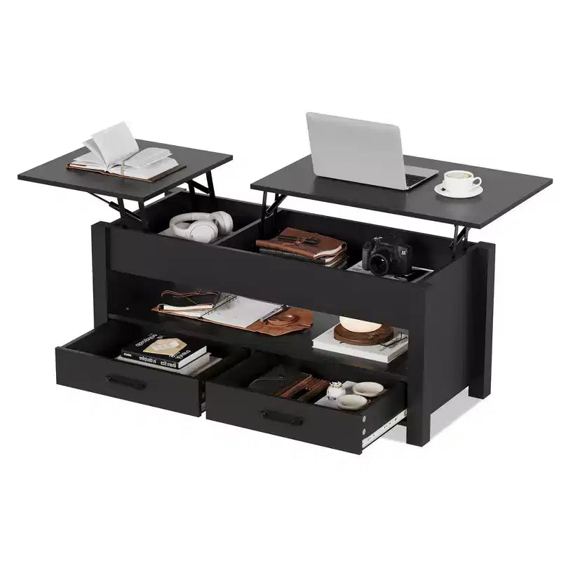 47-inch dual height-adjustable desktop coffee table, brown, with storage drawers; split-type height-adjustable sofa table with hidden shelves.