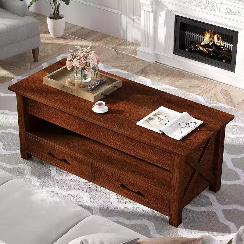47-inch dual height-adjustable desktop coffee table, brown, with storage drawers; split-type height-adjustable sofa table with hidden shelves.