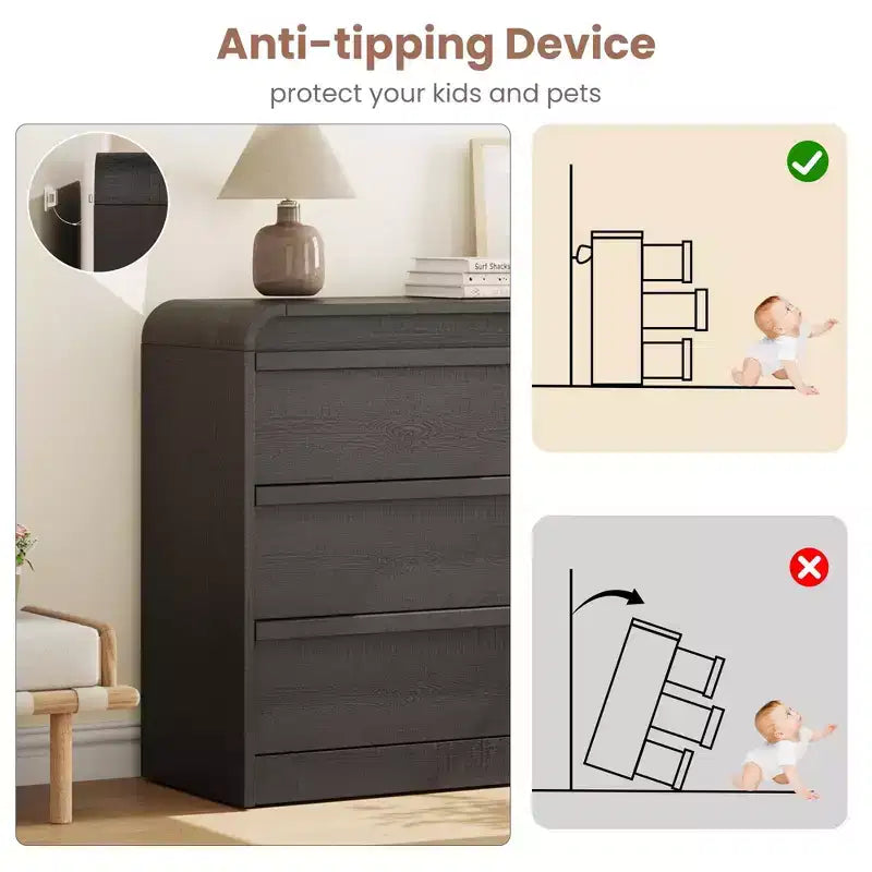 Modern Arched 6 Drawer Dining Table Dresser - 47 Wide Black Wooden Chest - Curved Edge Design - Large Storage for Dining Room, Bedroom, Living Room