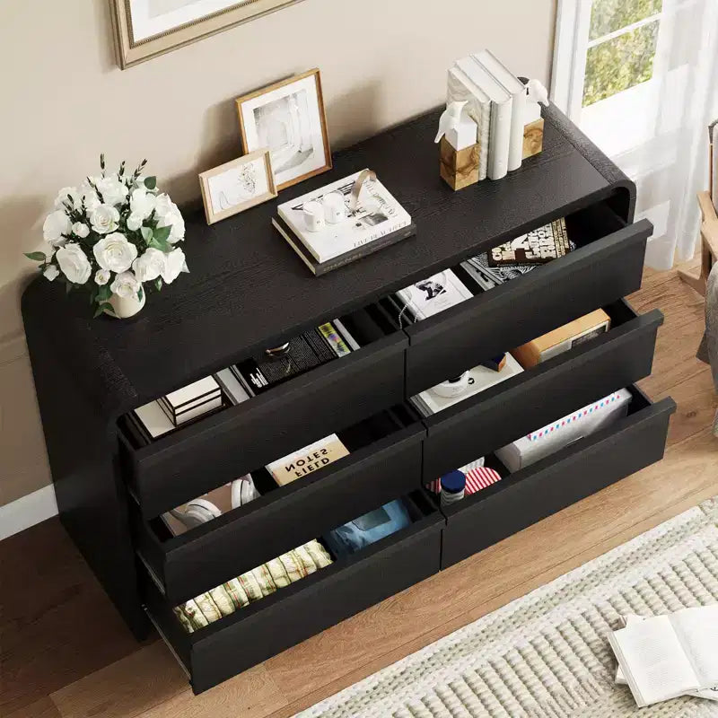 Modern Arched 6 Drawer Dining Table Dresser - 47 Wide Black Wooden Chest - Curved Edge Design - Large Storage for Dining Room, Bedroom, Living Room