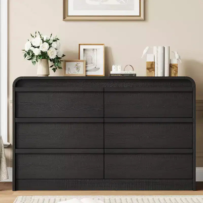 Modern Arched 6 Drawer Dining Table Dresser - 47 Wide Black Wooden Chest - Curved Edge Design - Large Storage for Dining Room, Bedroom, Living Room