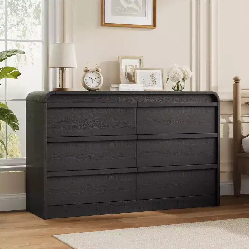 Modern Arched 6 Drawer Dining Table Dresser - 47 Wide Black Wooden Chest - Curved Edge Design - Large Storage for Dining Room, Bedroom, Living Room