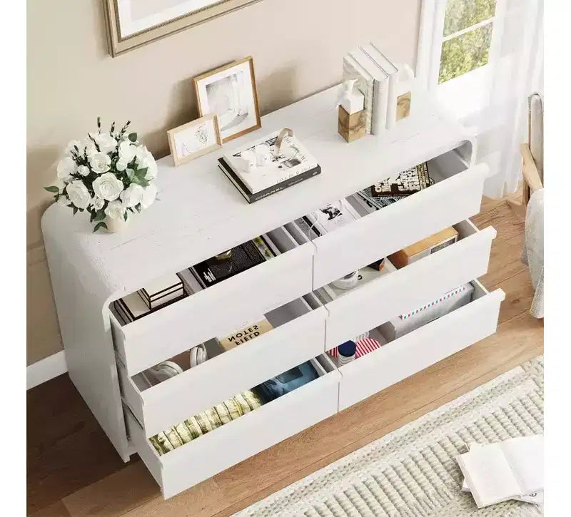 Modern Arched 6 Drawer Dining Table Dresser - 47 Wide Black Wooden Chest - Curved Edge Design - Large Storage for Dining Room, Bedroom, Living Room