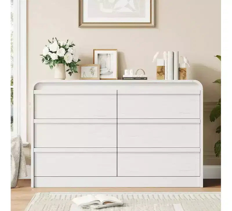 Modern Arched 6 Drawer Dining Table Dresser - 47 Wide Black Wooden Chest - Curved Edge Design - Large Storage for Dining Room, Bedroom, Living Room