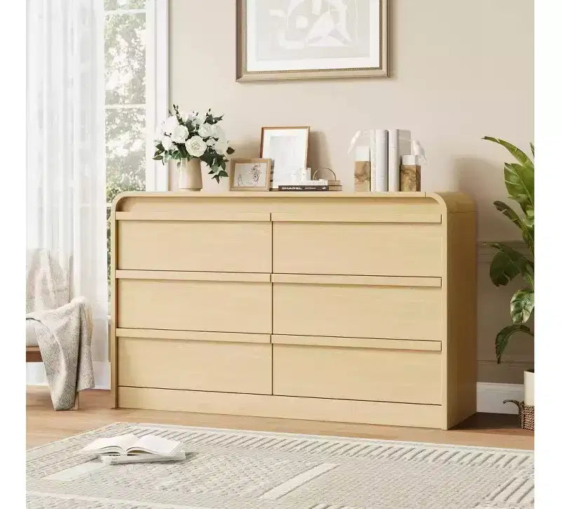 Modern Arched 6 Drawer Dining Table Dresser - 47 Wide Black Wooden Chest - Curved Edge Design - Large Storage for Dining Room, Bedroom, Living Room