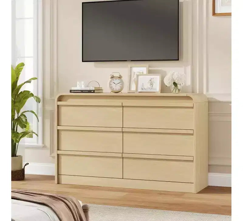 Modern Arched 6 Drawer Dining Table Dresser - 47 Wide Black Wooden Chest - Curved Edge Design - Large Storage for Dining Room, Bedroom, Living Room