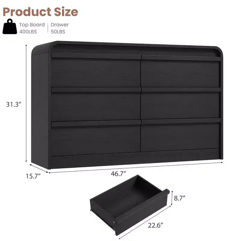 Modern Arched 6 Drawer Dining Table Dresser - 47 Wide Black Wooden Chest - Curved Edge Design - Large Storage for Dining Room, Bedroom, Living Room