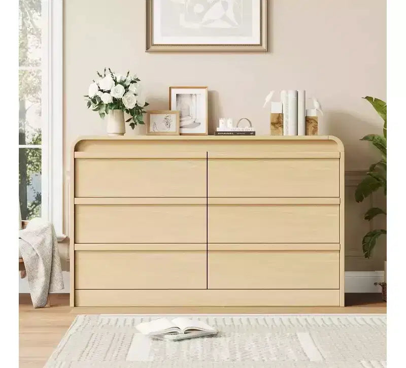 Modern Arched 6 Drawer Dining Table Dresser - 47 Wide Black Wooden Chest - Curved Edge Design - Large Storage for Dining Room, Bedroom, Living Room