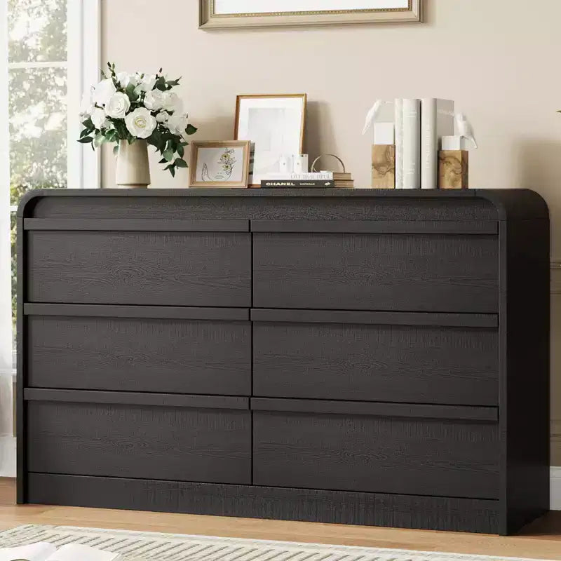 Modern Arched 6 Drawer Dining Table Dresser - 47 Wide Black Wooden Chest - Curved Edge Design - Large Storage for Dining Room, Bedroom, Living Room