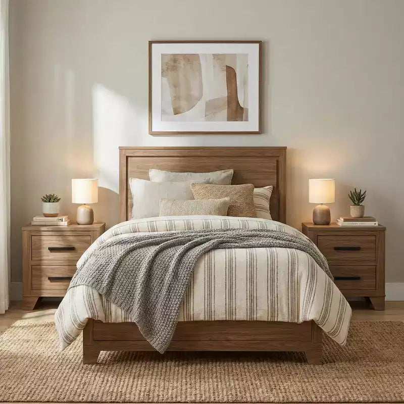 GDFStudio Carter Transitional 3-Piece Wood Bed Frame with Recessed Headboard and 2 Nightstands