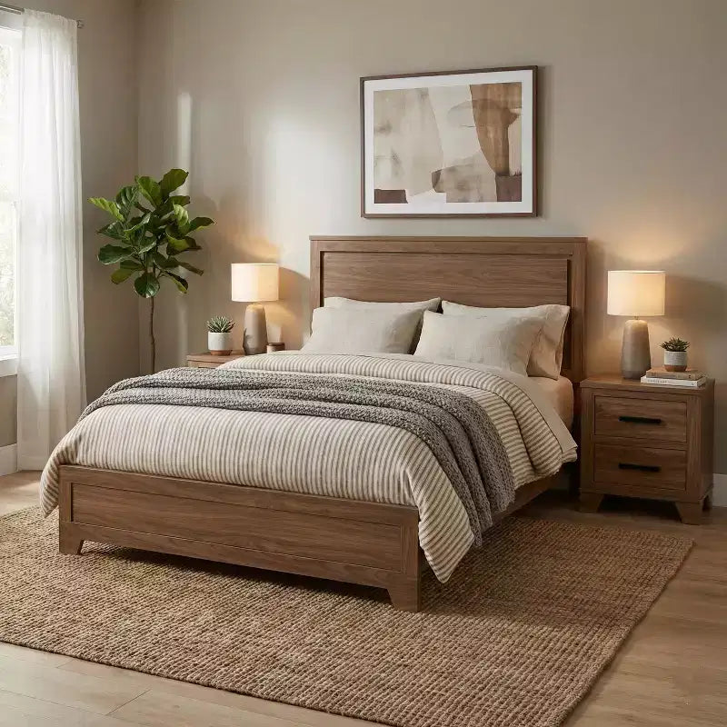 Transitional Wood Bed Frame with Recessed Headboard and 2 Nightstands