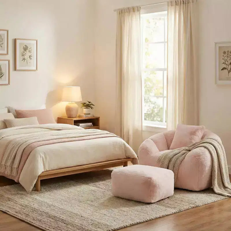 FurnitureR Plush Teddy Fabric Accent Chair with Footstool, Cozy Lounge Armchair and Ottoman Set for Living Room, Bedroom or Reading Nook