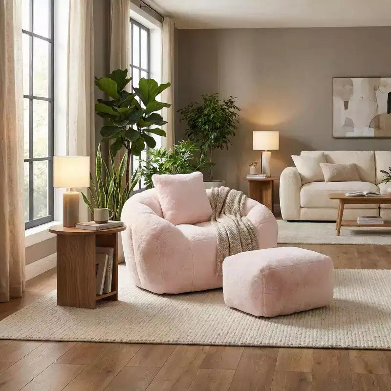 Plush Teddy Fabric Accent Chair with Footstool, Cozy Lounge Armchair and Ottoman for Living Room, Bedroom or Reading Nook