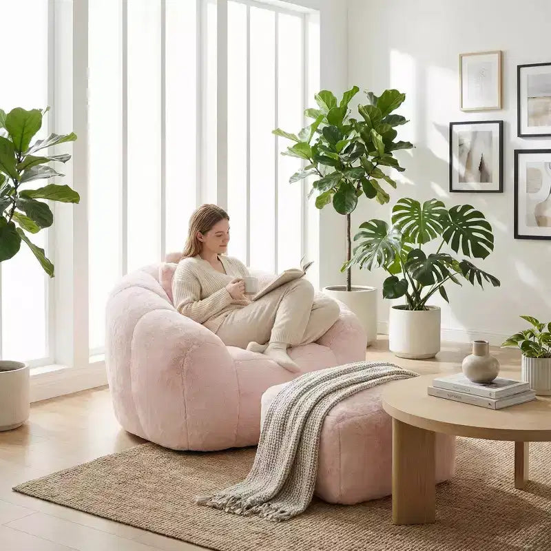 Plush Teddy Fabric Accent Chair with Footstool, Cozy Lounge Armchair and Ottoman for Living Room, Bedroom or Reading Nook