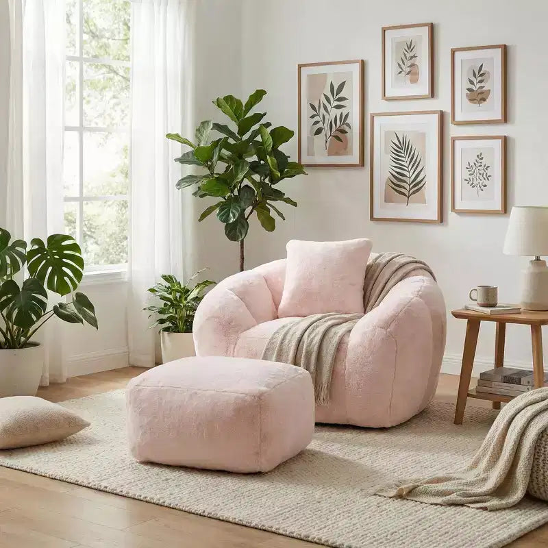 Plush Teddy Fabric Accent Chair with Footstool, Cozy Lounge Armchair and Ottoman for Living Room, Bedroom or Reading Nook