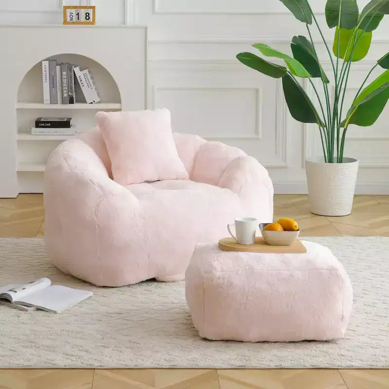 Plush Teddy Fabric Accent Chair with Footstool, Cozy Lounge Armchair and Ottoman for Living Room, Bedroom or Reading Nook