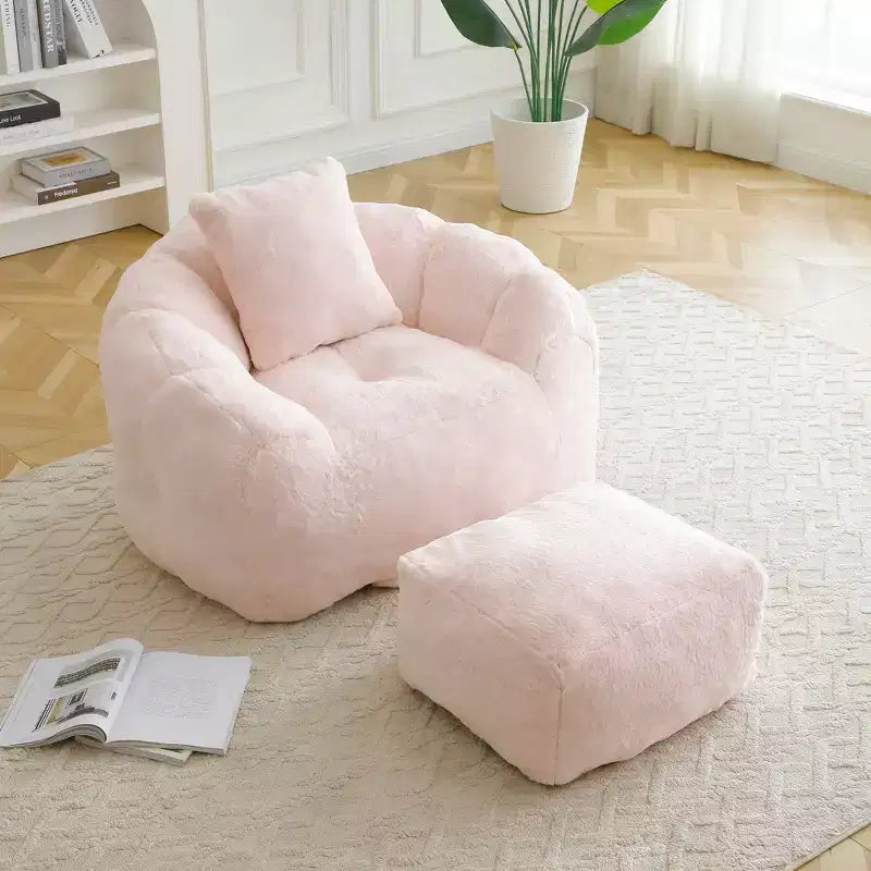Plush Teddy Fabric Accent Chair with Footstool, Cozy Lounge Armchair and Ottoman for Living Room, Bedroom or Reading Nook