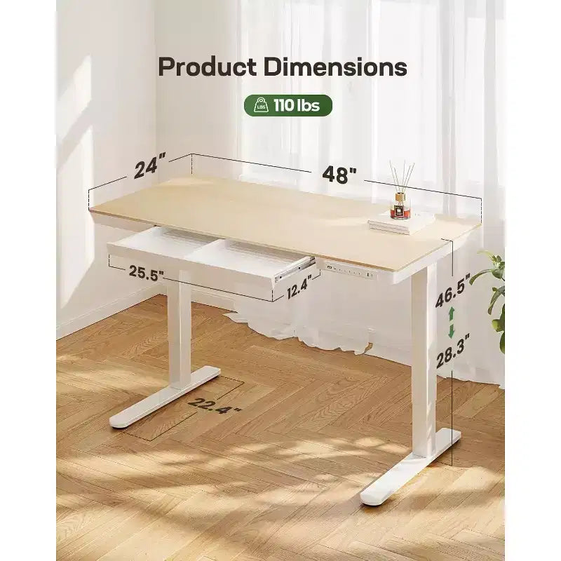 48 x 24 inch Standing Desk with Drawer, Whole Tabletop Electric Standing Desk, Height Adjustable Desk with USB Charging Ports