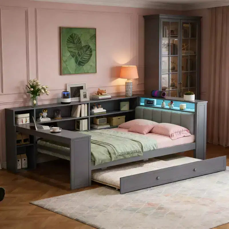 Twin Size Wooden Platform Bed with Upholstered Headboard, 8 Storage Shelves, Trundle and Desk