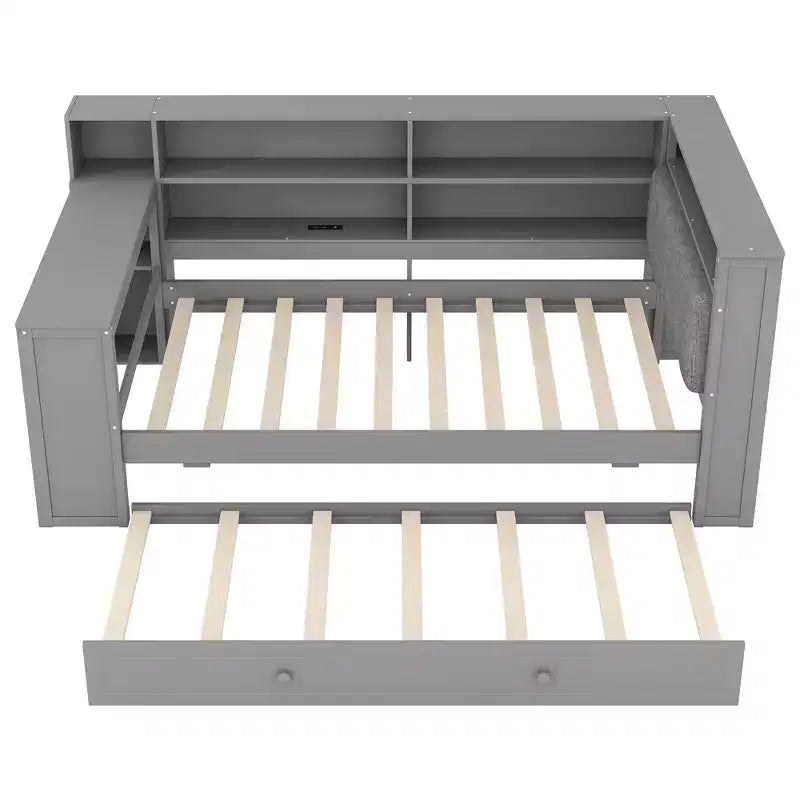 Twin Size Wooden Platform Bed with Upholstered Headboard, 8 Storage Shelves, Trundle and Desk