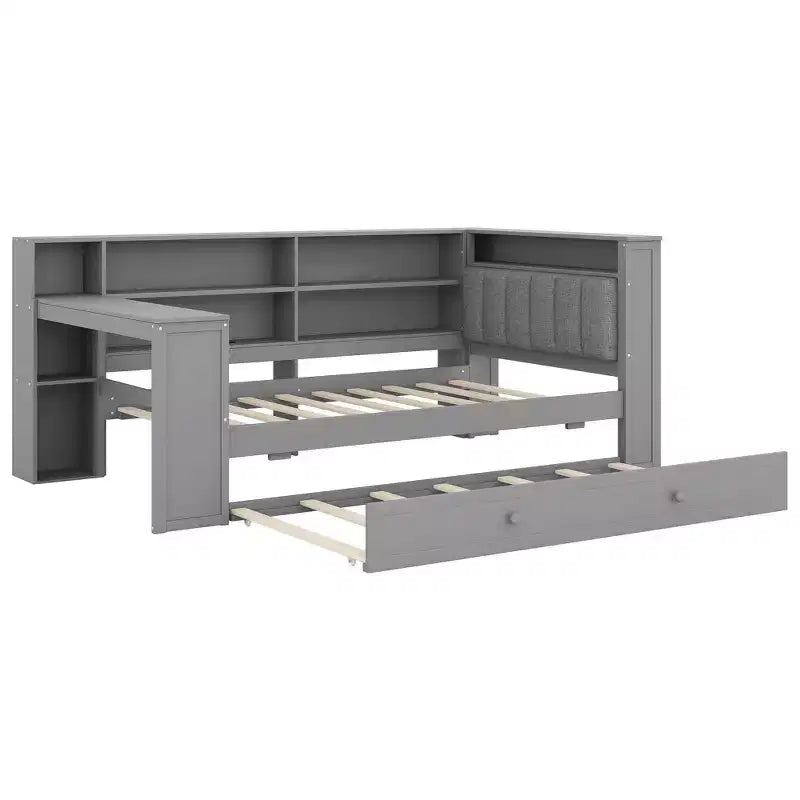 Twin Size Wooden Platform Bed with Upholstered Headboard, 8 Storage Shelves, Trundle and Desk