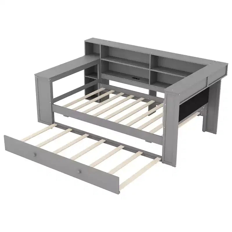 Twin Size Wooden Platform Bed with Upholstered Headboard, 8 Storage Shelves, Trundle and Desk