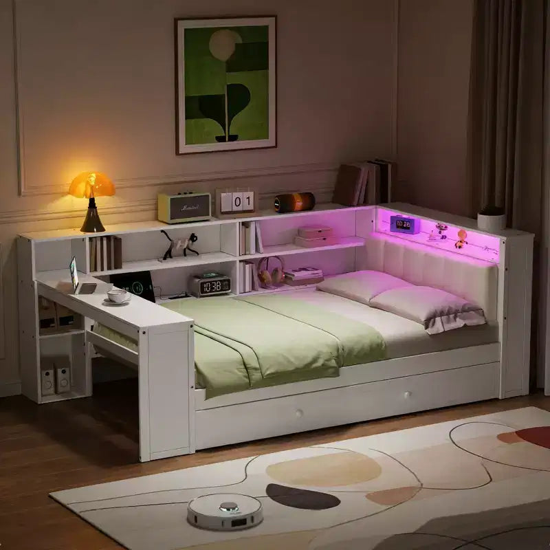 Twin Size Wooden Platform Bed with Upholstered Headboard, 8 Storage Shelves, Trundle and Desk
