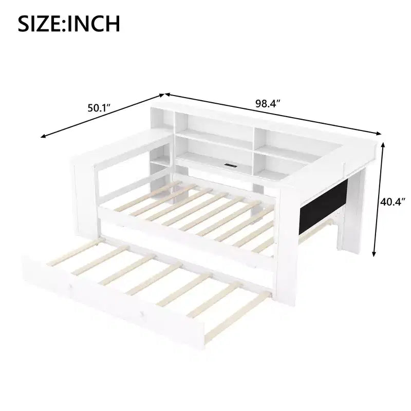 Twin Size Wooden Platform Bed with Upholstered Headboard, 8 Storage Shelves, Trundle and Desk