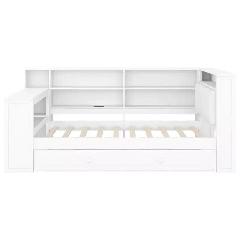 Twin Size Wooden Platform Bed with Upholstered Headboard, 8 Storage Shelves, Trundle and Desk
