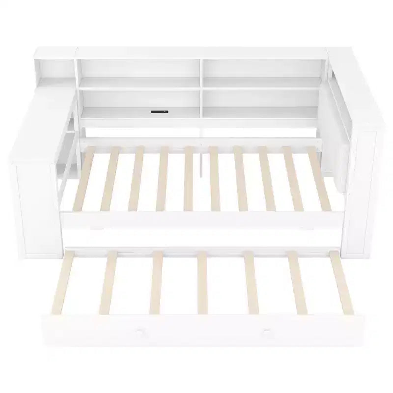 Twin Size Wooden Platform Bed with Upholstered Headboard, 8 Storage Shelves, Trundle and Desk