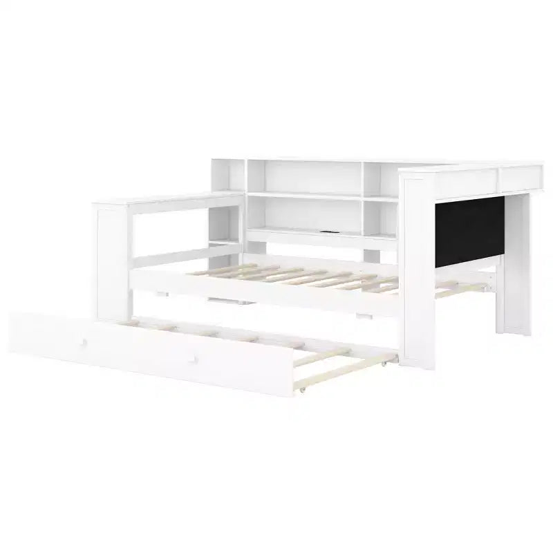 Twin Size Wooden Platform Bed with Upholstered Headboard, 8 Storage Shelves, Trundle and Desk
