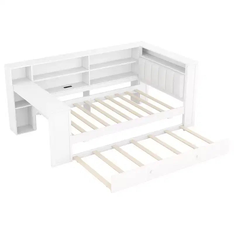 Twin Size Wooden Platform Bed with Upholstered Headboard, 8 Storage Shelves, Trundle and Desk