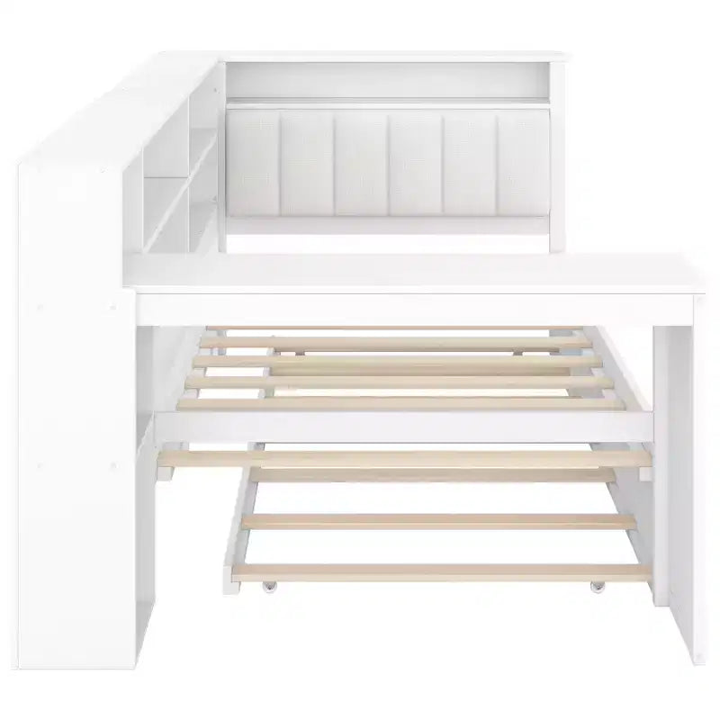 Twin Size Wooden Platform Bed with Upholstered Headboard, 8 Storage Shelves, Trundle and Desk