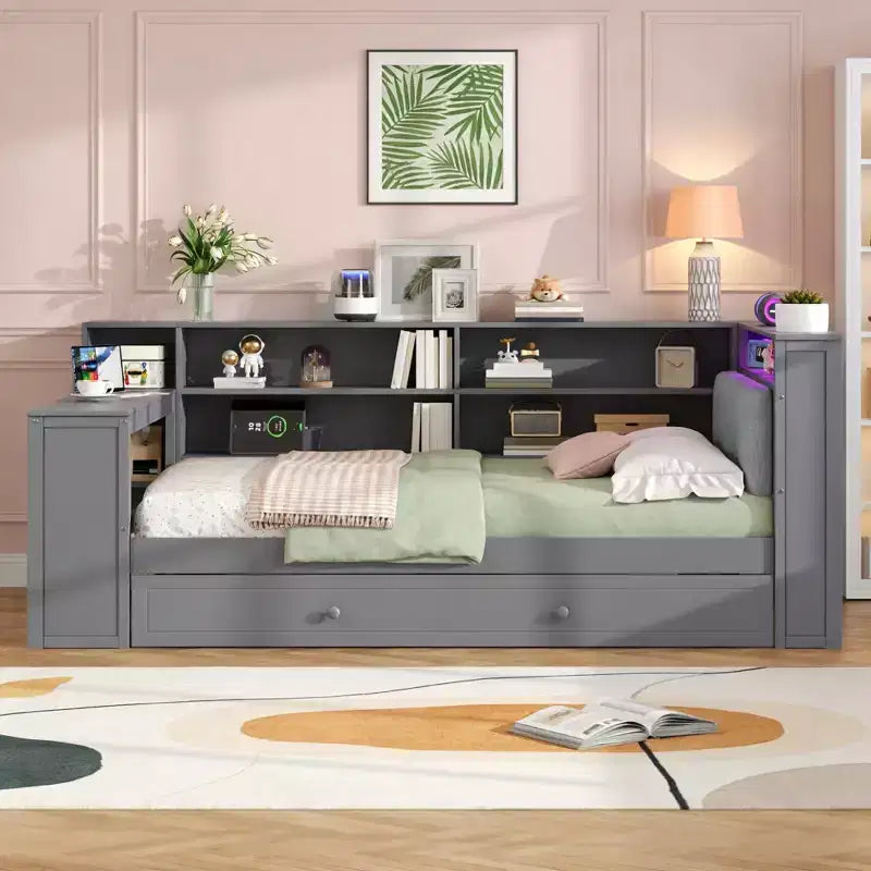 Luxystar Twin Size Wooden Platform Bed with Upholstered Headboard, 8 Storage Shelves, Trundle and Desk