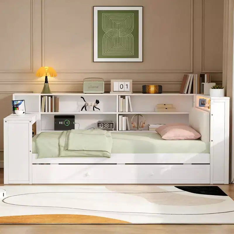 Twin Size Wooden Platform Bed with Upholstered Headboard, 8 Storage Shelves, Trundle and Desk