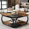 Lantine 40-Inch Square Coffee Table with 2 Tiers, Low Farmhouse Table with Storage Shelf for Living Room, Black Rustic Brown