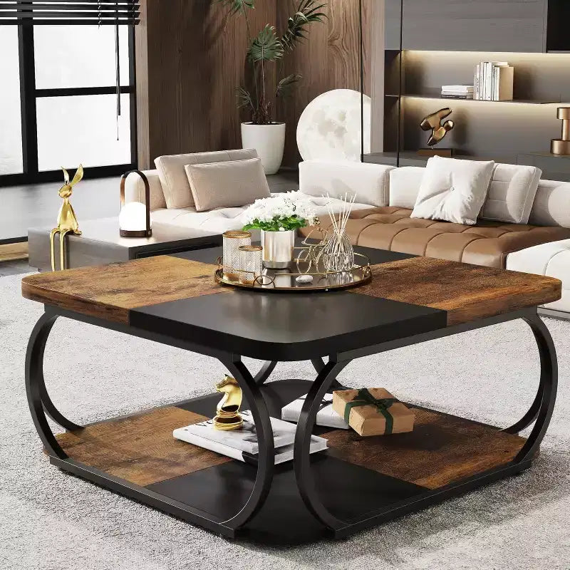 Lantine 40-Inch Square Coffee Table with 2 Tiers, Low Farmhouse Table with Storage Shelf for Living Room, Black Rustic Brown